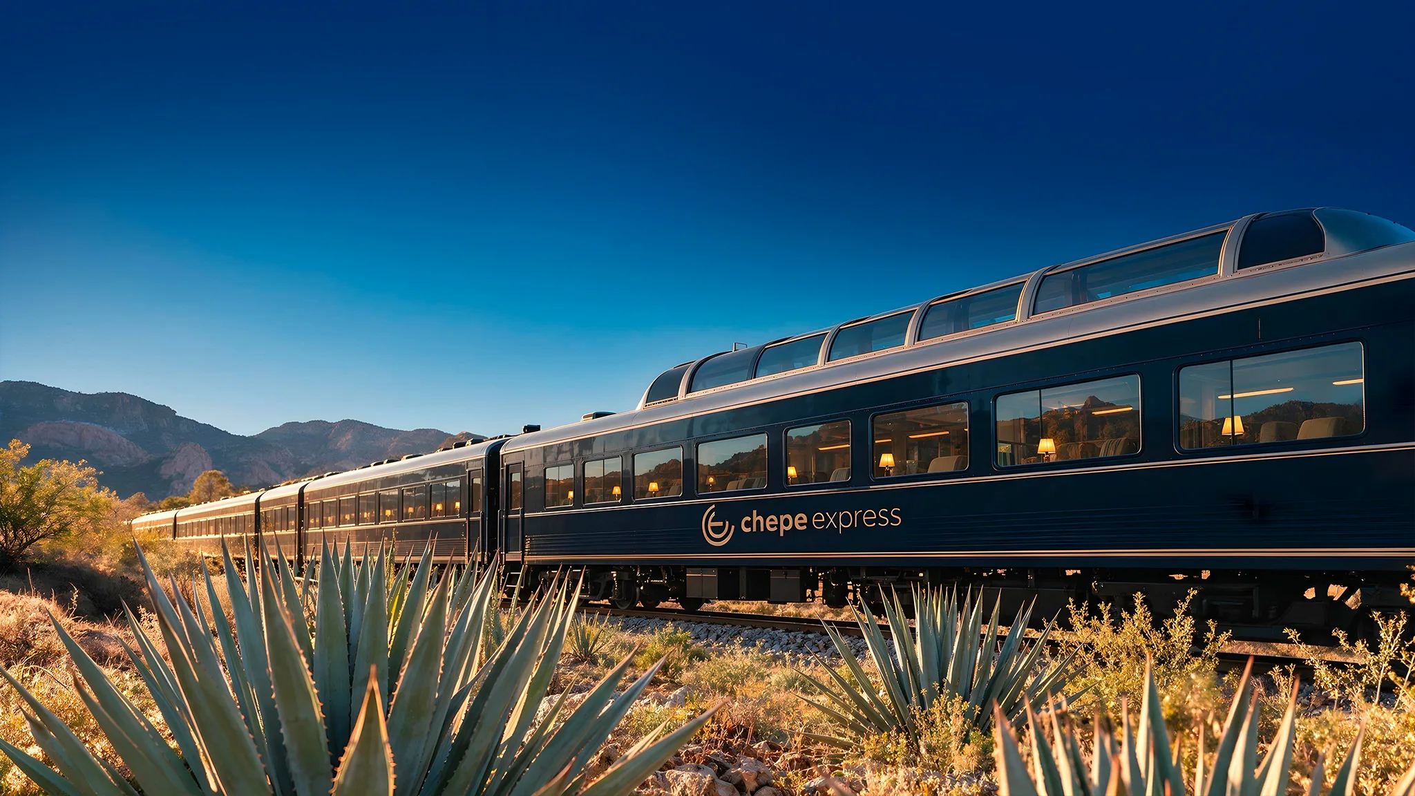 Tren Chepe Express recorriendo los paisajes de Chihuahua entre montañas y vegetación desértica