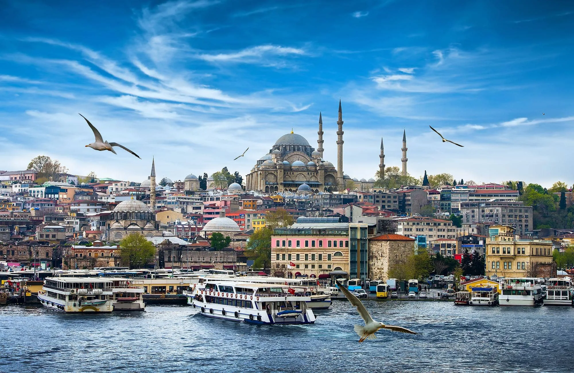Vista panorámica de Estambul junto al Bósforo y sus mezquitas