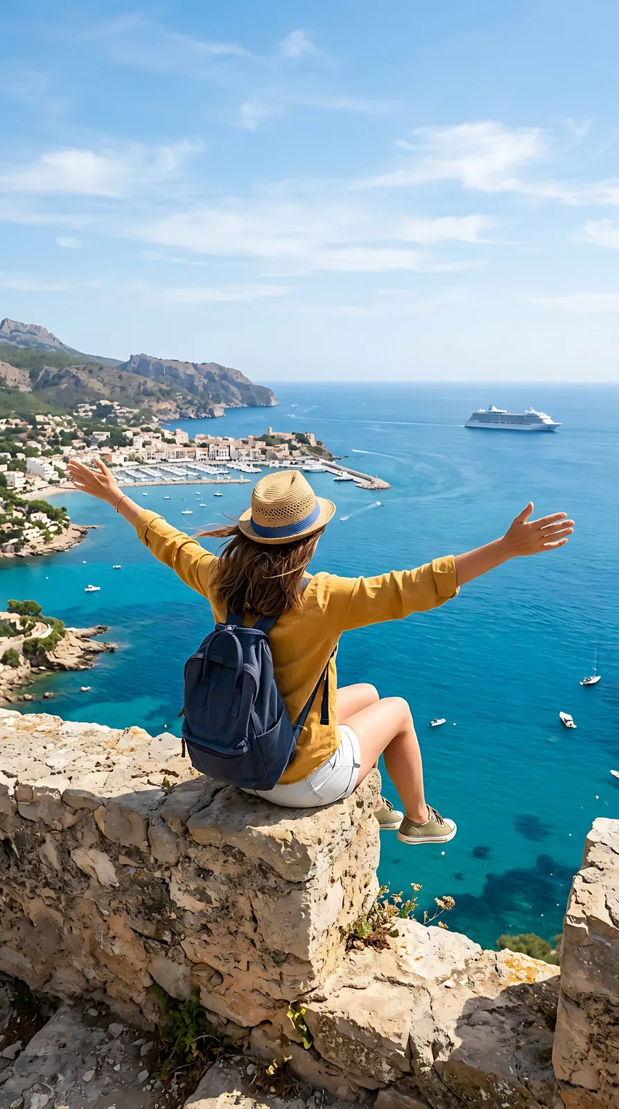 Mujer viajera contemplando el mar desde un mirador costero