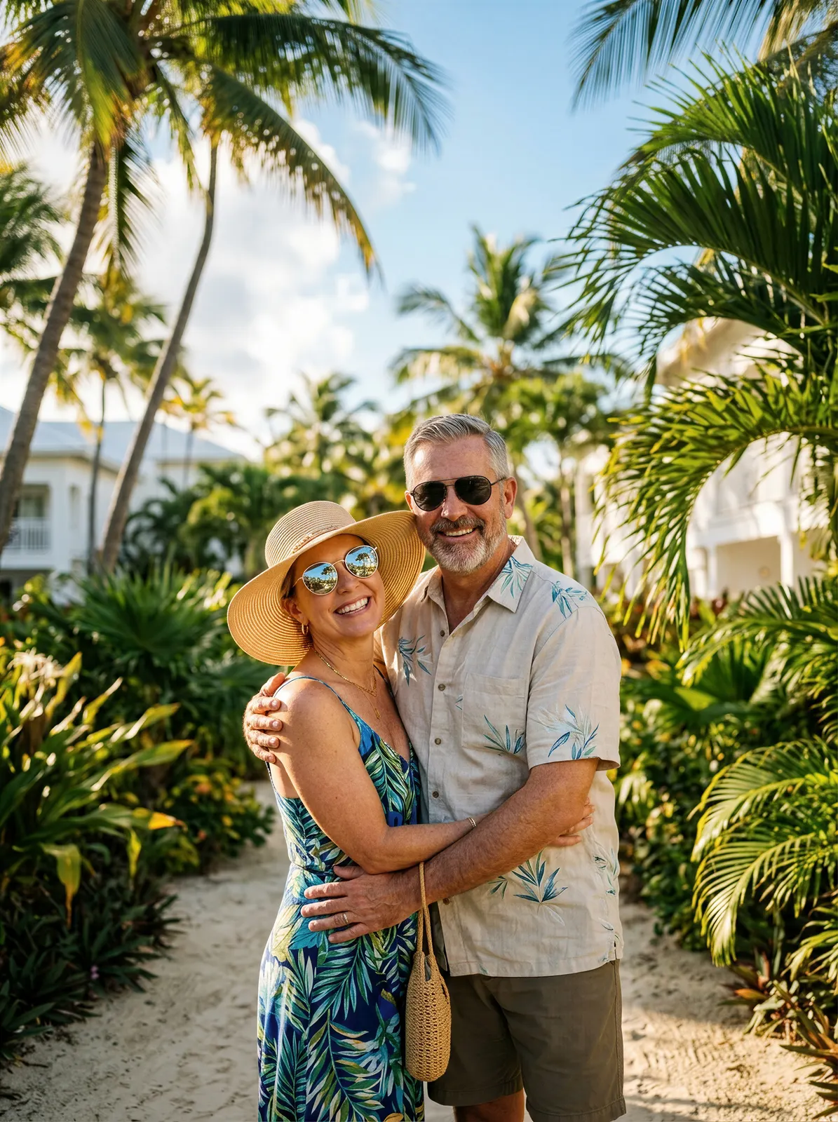 Pareja disfrutando unas vacaciones en un destino tropical rodeado de palmeras