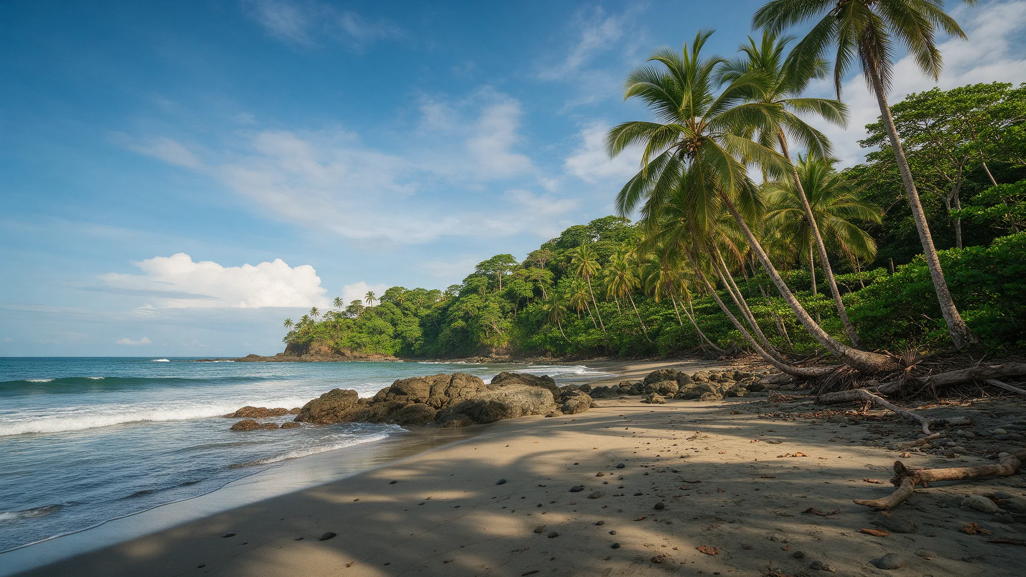 Playa tropical de Costa Rica rodeada de palmeras y vegetación