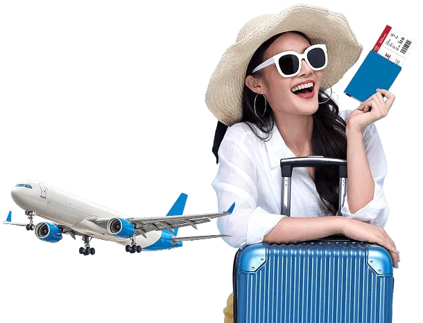 Viajera con maleta y boleto de avión lista para comenzar su próximo viaje